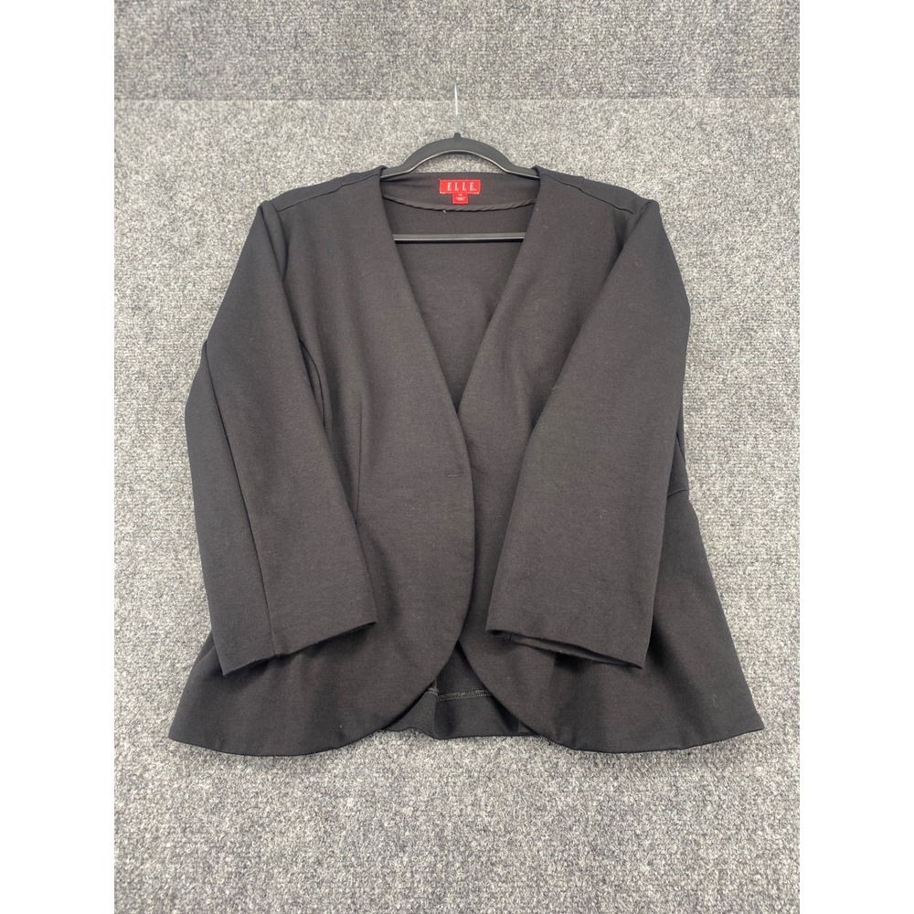 Elle Open Front Blazer Women 14 Black Knit Collarless Peplum Back Career Jacket